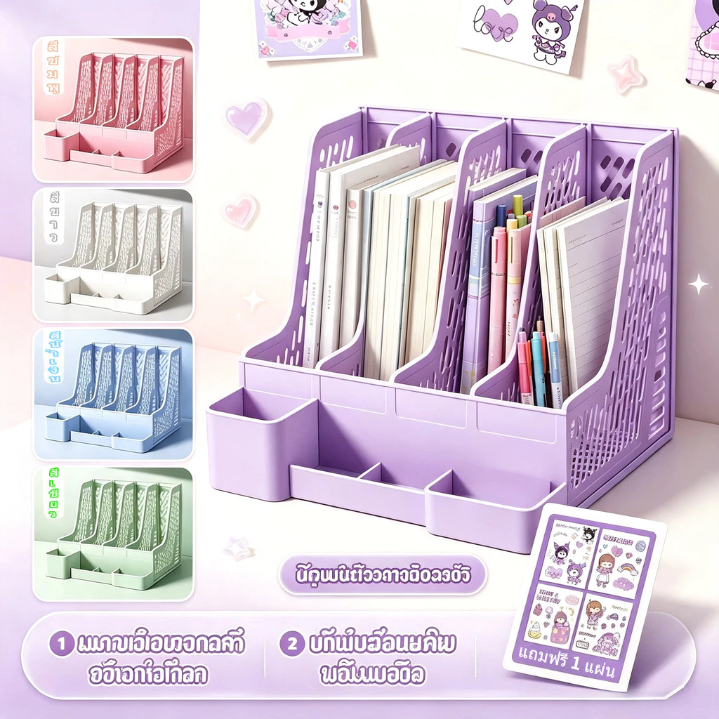 ชั้นเอกสารหลายสีให้เลือก พลาสติกหนา ความจุมาก แถมสติ๊กเกอร์ พร้อมที่ใส่ปากกา จัดระเบียบโต๊ะทำงาน