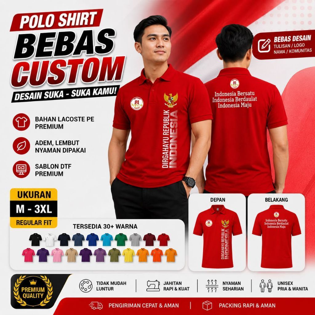 PLS 81 Happy Back - เสื้อโปโลผู้ชายพร้อมธีมอินประกาศอิสรภาพชาวอินโดนีเซียพรีเมี่ยมเสื้อเชิ้ตคอปกโปโล