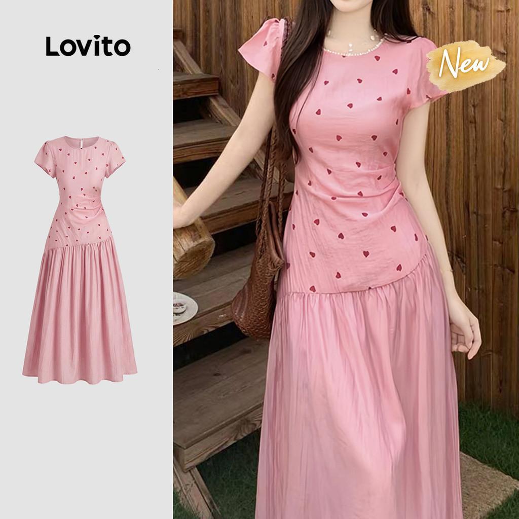 (New Arrival) Lovito เดรสผู้หญิงสีชมพูหัวใจไม่สมมาตรผ้าตัดต่อชุดเดรสลําลองฤดูใบไม้ผลิ/ฤดูร้อน LK7ED959