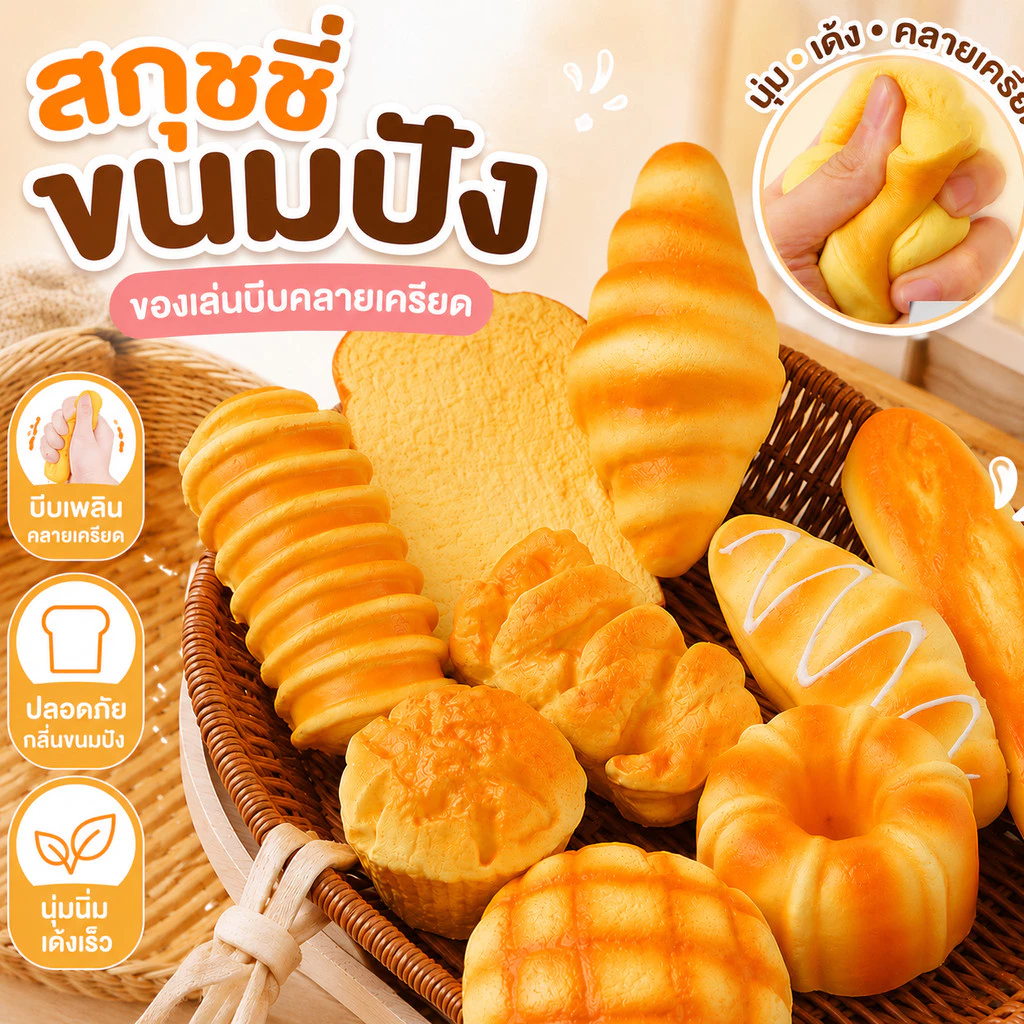 🍞ส่งไว🇹🇭 ของเล่นบีบอัด สกุชชี่ Squishy ขนมปังสร้างสรรค์ ของเล่นสกุชชี่ คลายเครียด