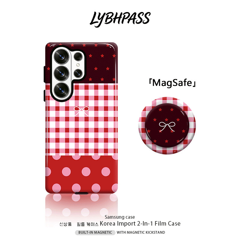 เคสซัมซุง+แม่เหล็ก Griptok MagSafe ลายตารางตาข่าย จุดวงกลม โบว์ ดาว สไตล์หวาน 2ชั้น เคส Samsung galaxy s20/s21/s22/s23/s24/s25/s26 fe plsu egde ultra NOTE20 ULTRA 5G 4G เปิดเลนส์ โทรศัพท์ มือถือ case