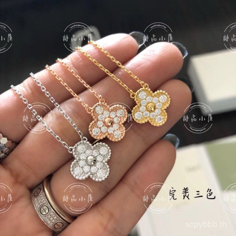 บ้านบทกวีขายร้อน ️ ช็อตจริง s925 เงินสเตอร์ลิงหนาชุบทองชั้น Rose k สร้อยคอโคลเวอร์สี่ใบ 8MYA