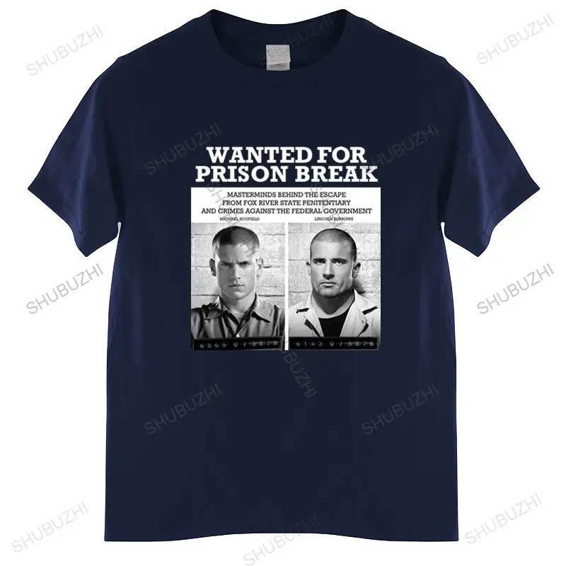 เสื้อยืดผู้ชายผ้าฝ้าย เสื้อฟิตเนสลาย Wanted for Prison Break ดีไซน์คู่รัก เสื้อยืดสีดำสำหรับผู้ชาย ไ