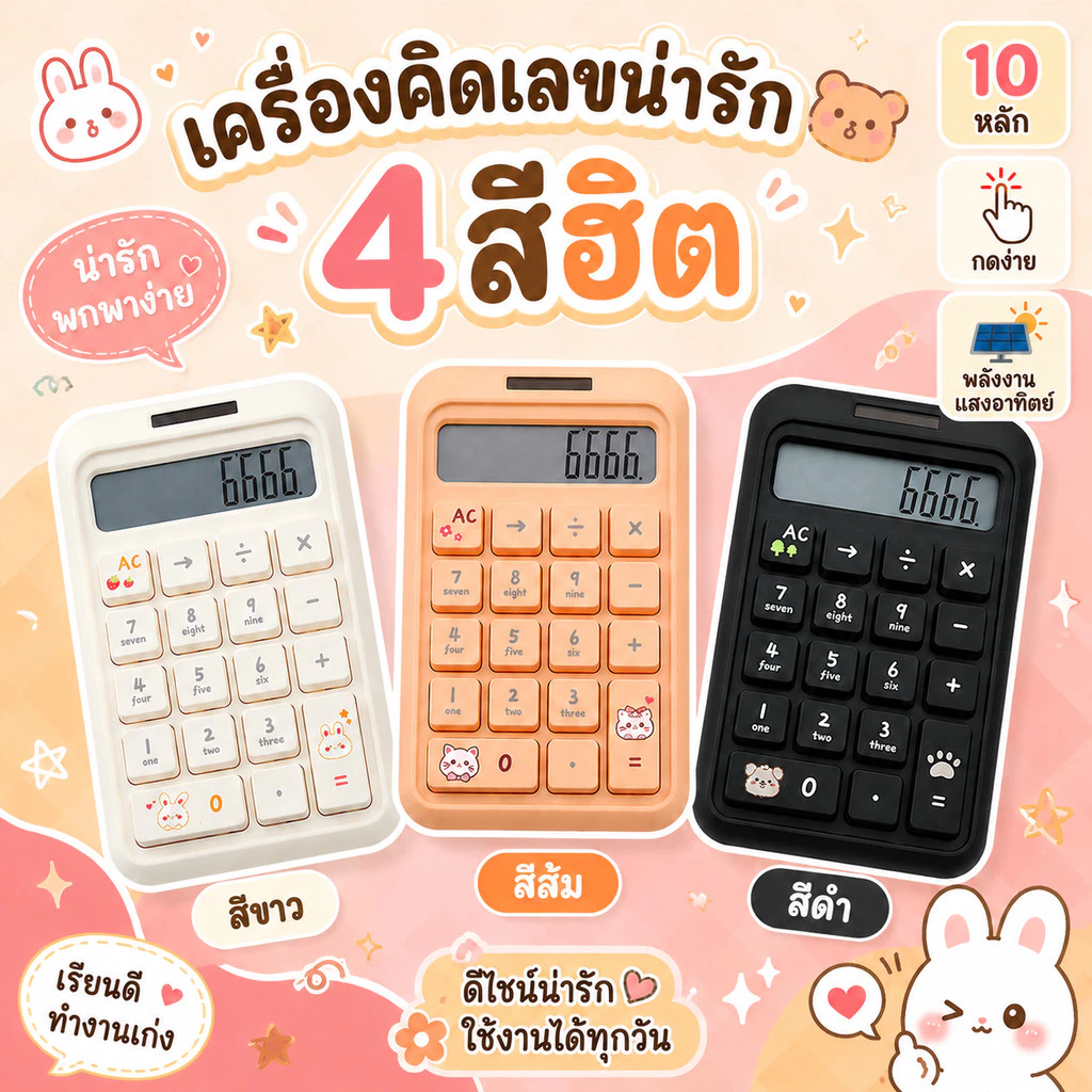 ❤เครื่องคิดเลข 10 หลัก ลายการ์ตูนน่ารัก ปุ่มภาษาอังกฤษ เซลล์แสงอาทิตย์ สีสันสวยงาม คำนวณได้ง่าย