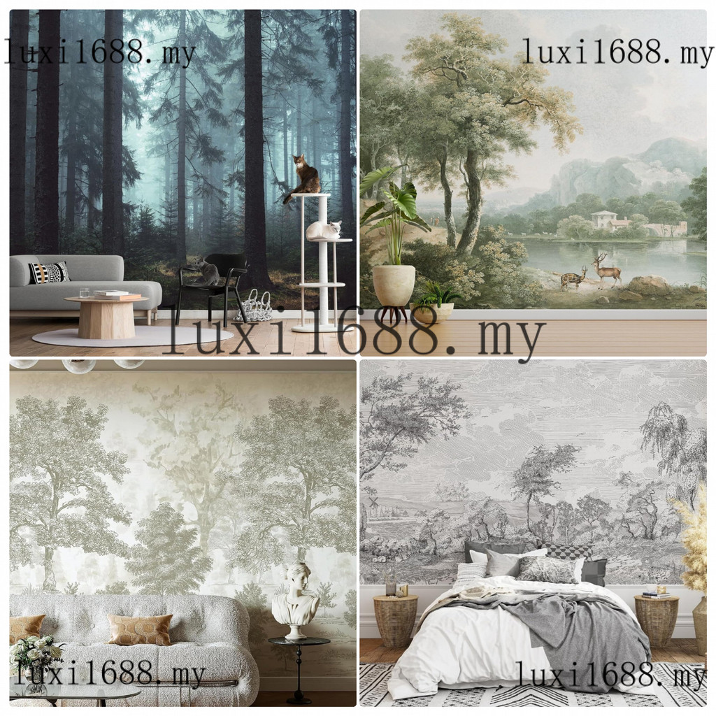 Custom Self-Adhesive Misty Pine Forest วอลล์เปเปอร์ Vintage Country ภูมิทัศน์กวาง Lake แกะสลักต้นไม้ภาพจิตรกรรมฝาผนังห้องนั่งเล่นห้องนอน TV Wall ตกแต่งบ้าน
