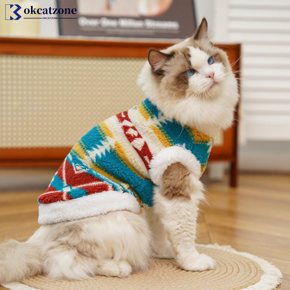 OKCATZONE XL-8XL พิมพ์ขนแกะสัตว์เลี้ยง Hoodie แขนกุด Nordic ถักรูปแบบ Plush เสื้อกั๊ก Warm ฤดูหนาว P
