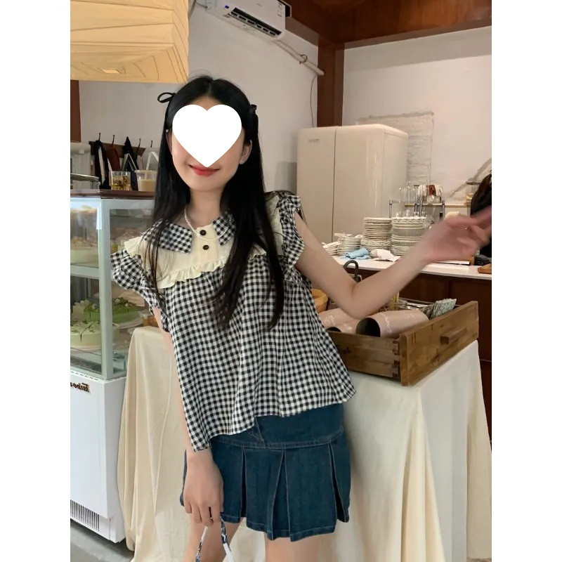 [สินค้าพร้อม จัดส่งในวันเดียวกัน] Mint Mambo Womens Short-Sleeved Design Niche Baby Shirt French Sma