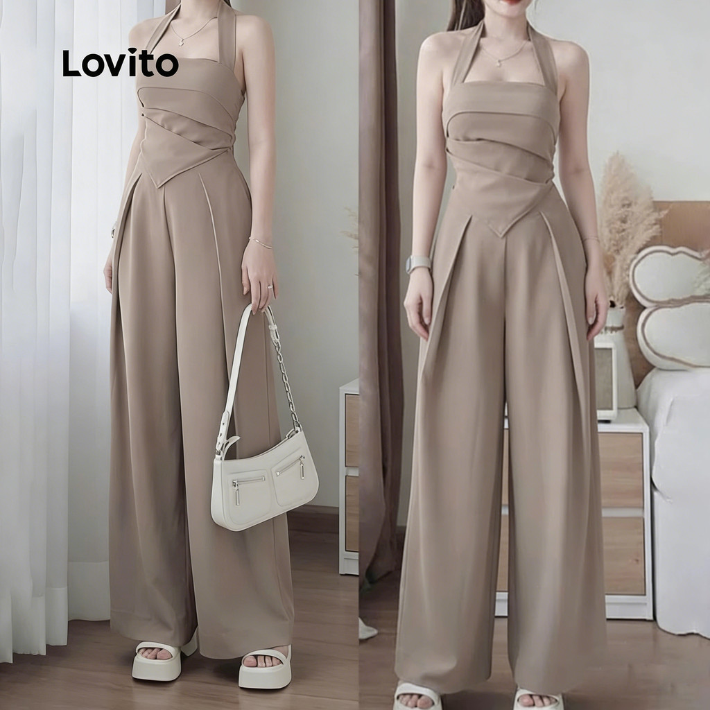 Lovito เสื้อลําลองหรือกางเกงดีไซน์ชายไม่เท่ากันสําหรับฤดูใบไม้ผลิ/ฤดูร้อน สีคากิ สําหรับผู้หญิง LK3ED622