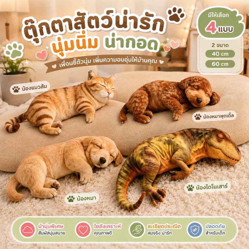 หมอนตุ๊กตานุ่ม ลายสัตว์สมจริง แมว สุนัข พุดเดิล ไดโนเสาร์ 40/60cm กอดนอน ของขวัญ ตุ๊กตาขนนุ่ม
