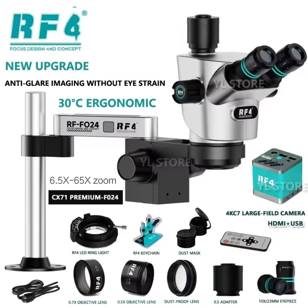RF4 CX71P 6.5-65 กล้องจุลทรรศน์สเตอริโอ Trinocular กล้อง 4K สําหรับโทรศัพท์บัดกรี PCB ซ่อม 30°C Tilt