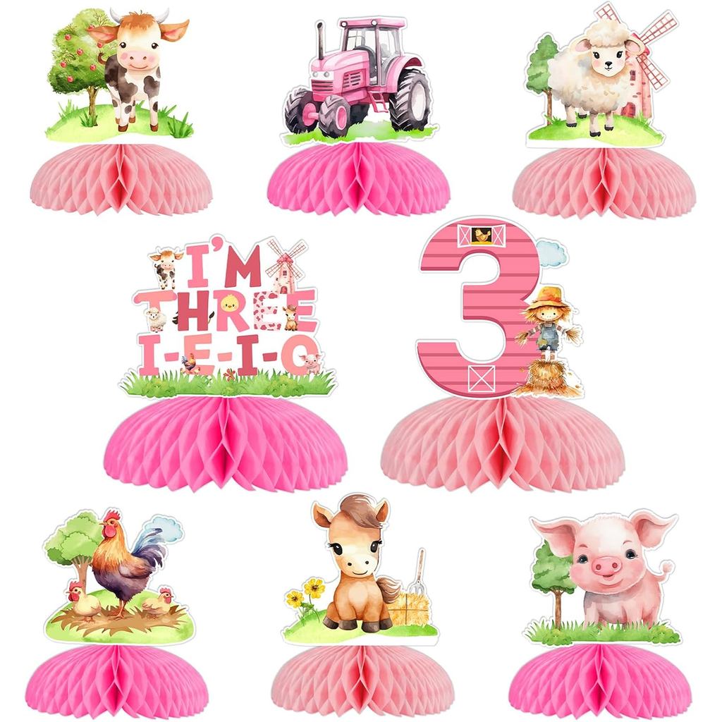 ฟาร์มสัตว์ 3rd Birthday Party ตกแต่งสาว,สาม iio Farm Party ตกแต่งตารางสีชมพูรังผึ้ง Centerpiece การพ