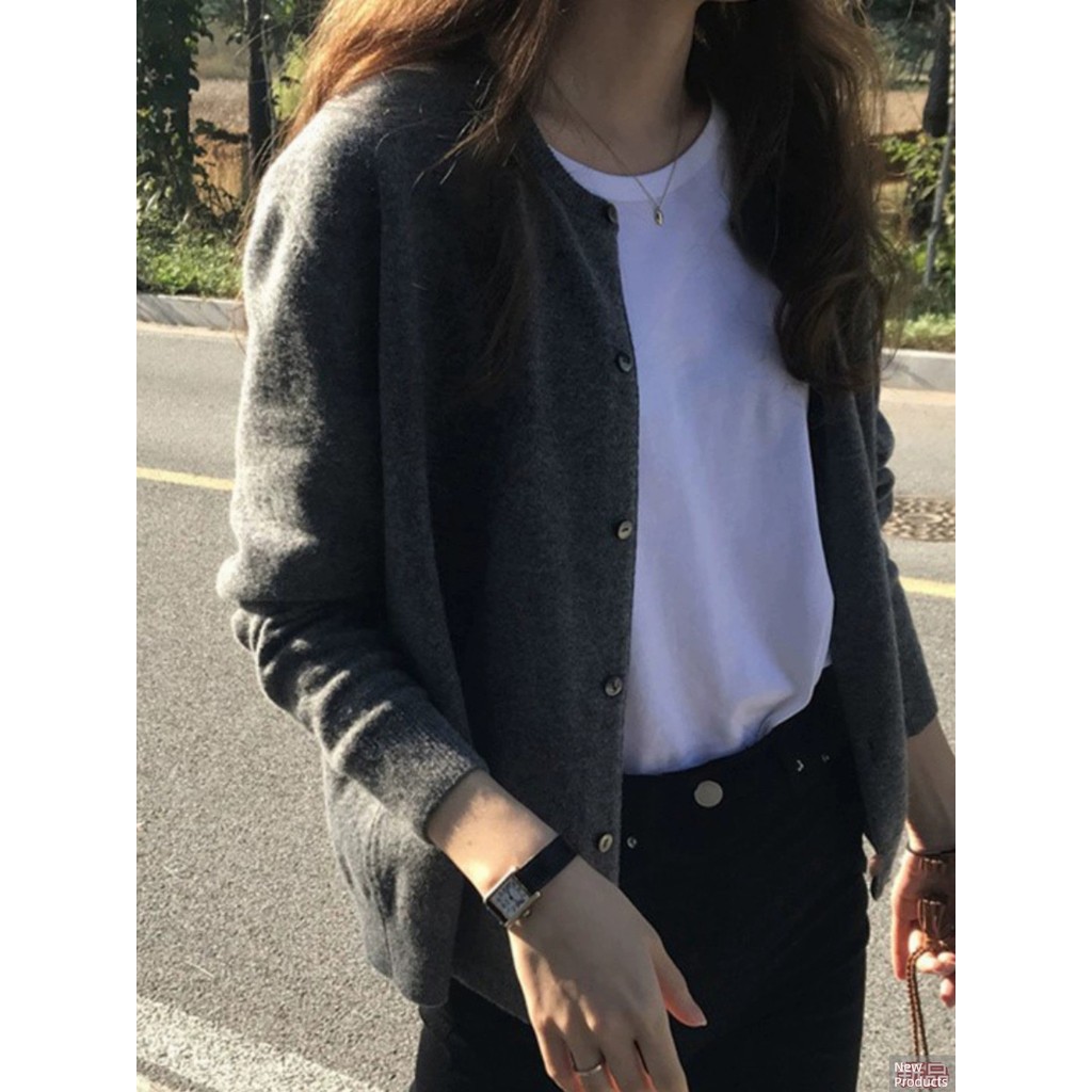 sweater ไหมพรม cardigan ไหมพรม ผ้าขนสัตว์สีดําฤดูใบไม้ผลิฤดูใบไม้ร่วงฤดูหนาวหนาถักคาร์ดิแกน