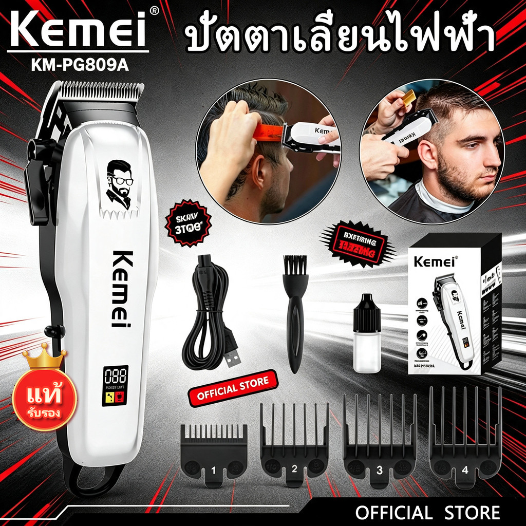 แท้ Kemei ปัตตาเลี่ยนตัดผมระดับมืออาชีพ แบบไร้สาย มีหน้าจอ LCD สำหรับผู้ชายใช้งานคุณภาพดี รุ่น KM-PG809A