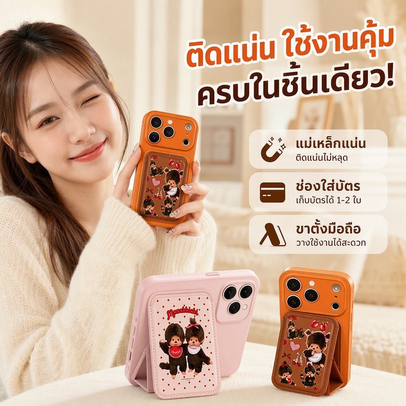 กระเป๋าใส่บัตรแม่เหล็ก Magsafe หนัง PU ลายดาว ช่องบัตรสามใบ ขาตั้งพับได้ บางเบา