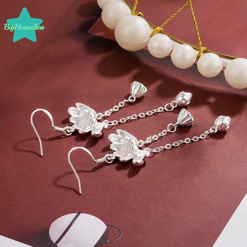[Sea-t] 1 คู่แฟชั่นสไตล์จีน Lotus ยาว sel Dangle ต่างหูสําหรับผู้หญิงสาว Elegant ประณีตดอกไม้หูตะขอของขวัญ