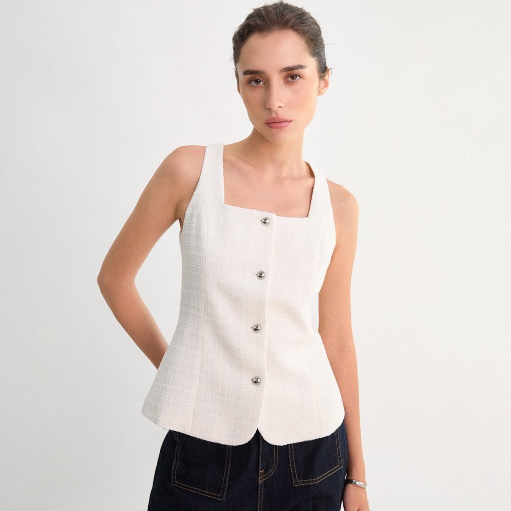 [Pomelo] เสื้อกั๊กเข้ารูปผ้าทวีด / Square Neck Tweed Vest