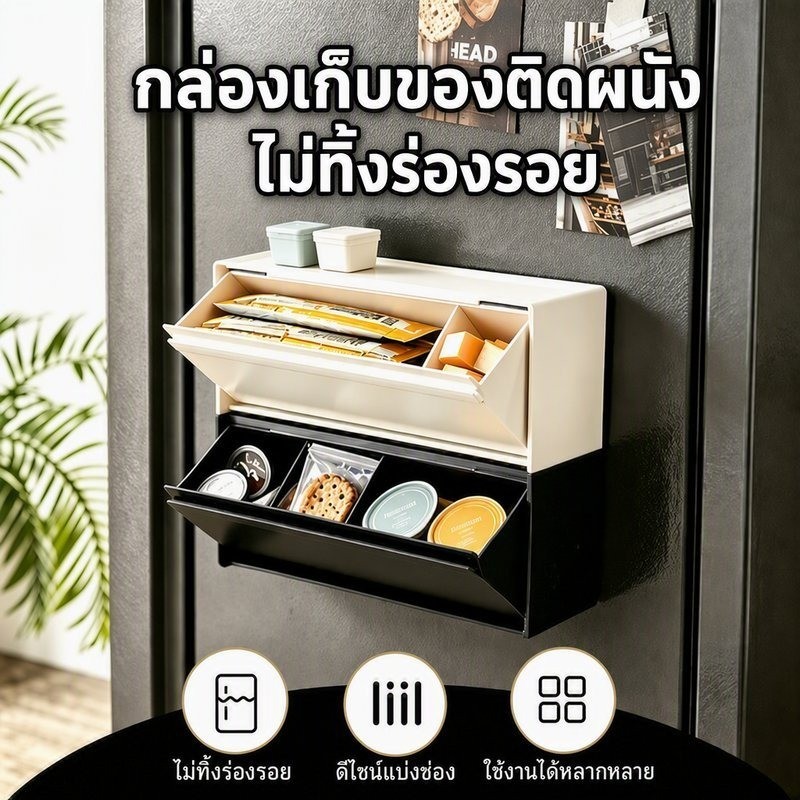 กล่องเก็บของติดผนังไม่ต้องเจาะ มีฝาปิดกันฝุ่น แผ่นกั้นถอดได้ ซ้อนได้ 2วิธีวาง เก็บสำลีเครื่องสำอาง สำหรับห้องน้ำ