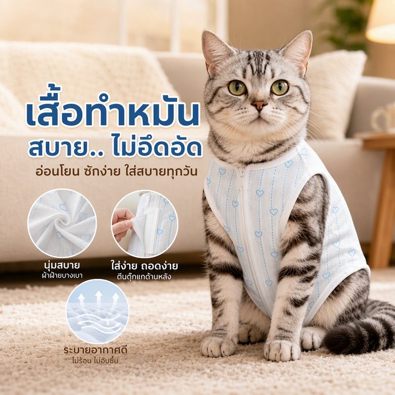 เสื้อหลังผ่าตัดแมว สุนัข เสื้อทำหมัน ชุดกันเลียแผล ผ้าคอตตอน นิ่ม ตีนตุ๊กแก ใส่ง่าย