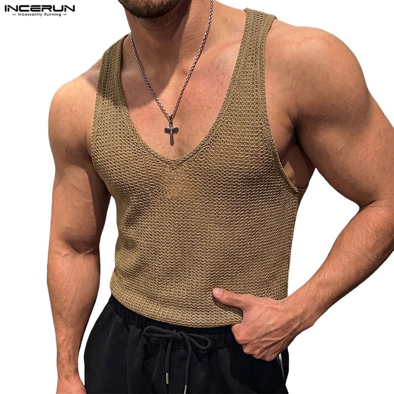 INCERUN เสื้อกล้ามลําลองคอวีถักแฟชั่นสไตล์เกาหลีสําหรับผู้ชาย