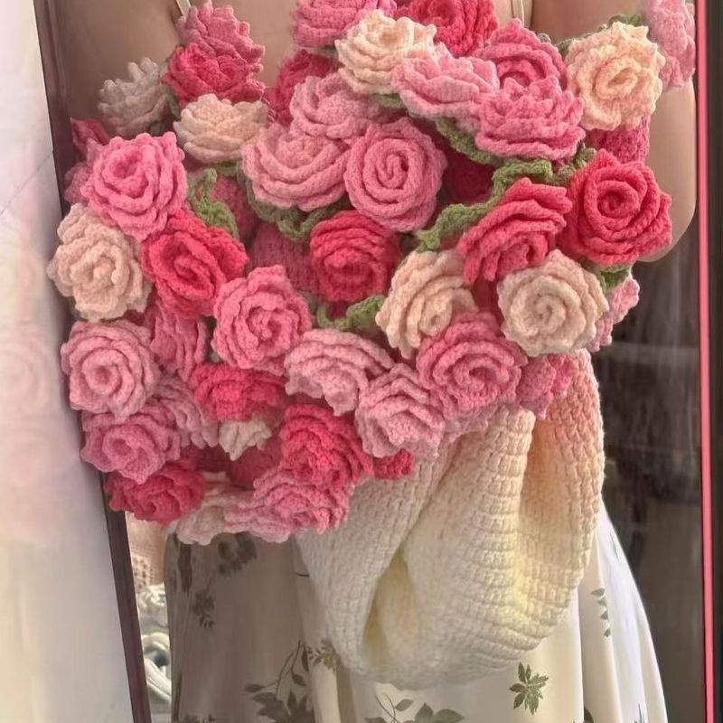 母亲节成品渐变色玫瑰花束毯子成* 品生日礼物午睡花毯针织毯花朵Rose Bouquet Blanket, Finished Yarn, Hand Crocheted Flower Blanket, N