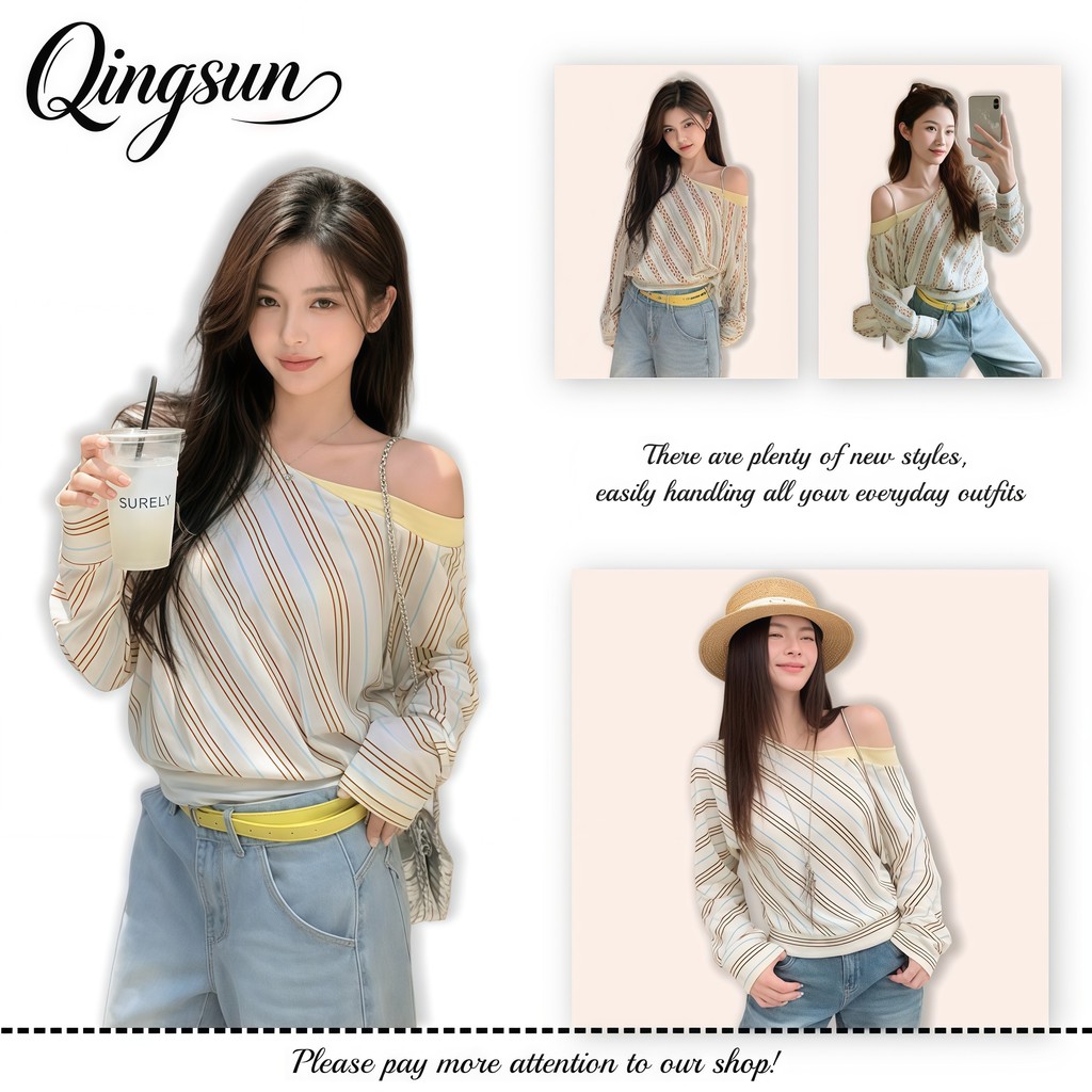 Qingsun เสื้อครอปเปิดไหล่ลายทาง แขนยาว ทรงสวยพร้อมเอว ผ้านุ่มไม่รัด สไตล์สาวเกาหลี ใส่ออกไปเที่ยวถ่า
