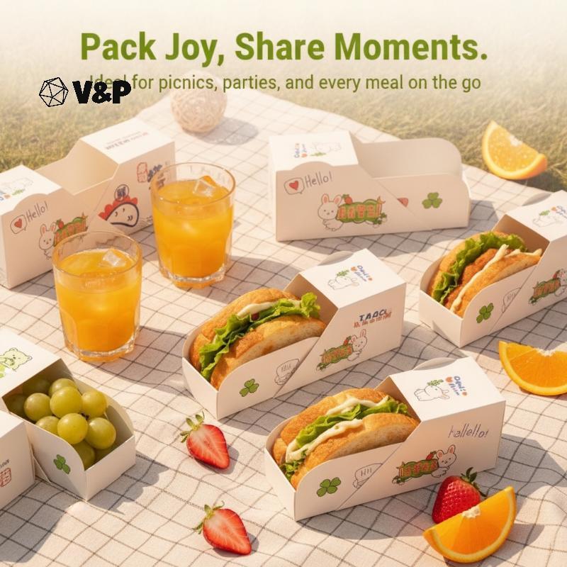 V & P ทิ้งซูชิ Taco กล่องกระดาษ 50 ชิ้น Greaseproof น่ารักการ์ตูนพิมพ์สําหรับสวนกลางแจ้ง Party BBQ อาหารเสิร์ฟ