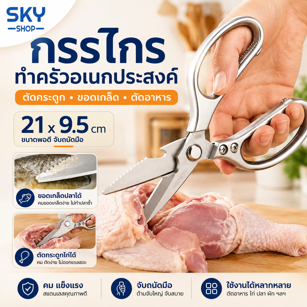 SKY กรรไกรทำอาหาร ทำครัว ตัดกระดูกได้ อเนกประสงค์ สแตนเลสคุณภาพดี สไตล์ญี่ปุ่น อุปกรณ์ทำครัว Kitchen Scissor