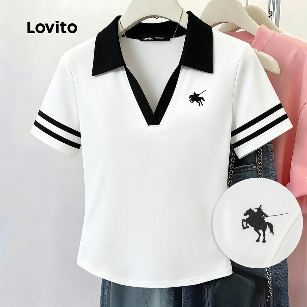 (New Arrival) Lovito เสื้อยืดลําลองผู้หญิง สีขาว ลายสีตัดบล็อก สําหรับฤดูใบไม้ผลิ/ฤดูร้อน LK7ED354
