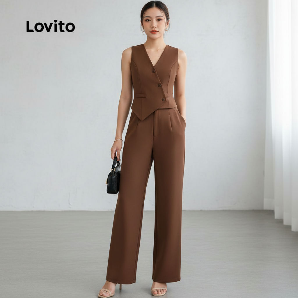 Lovito สง่างาม กางเกงขายาวสีน้ําตาลสไตล์หรู สําหรับฤดูใบไม้ผลิและฤดูร้อน L158ED727