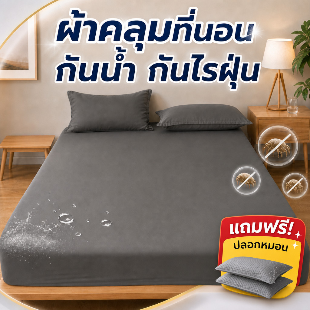 ผ้าปูที่นอนกันน้ำ3/3.5/5/6ฟุต ป้องกันไรฝุ่น ที่นอนกันน้ำ กันน้ำ100% รัดมุม ซักเครื่องได้ (พร้อมปลอกหมอน)