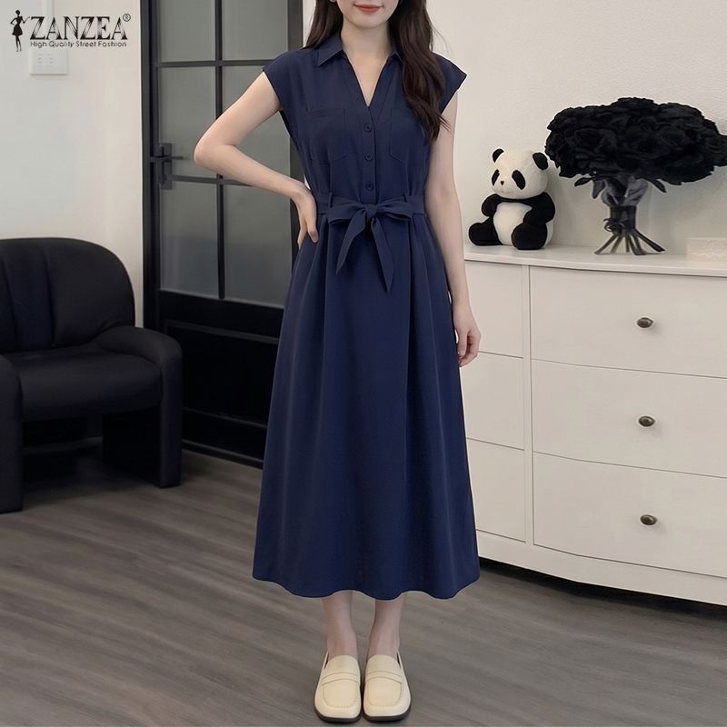 ZANZEA ชุดเดรสแขนสั้นปกแฟชั่นสตรีเกาหลีครึ่งตัว — صورة 6