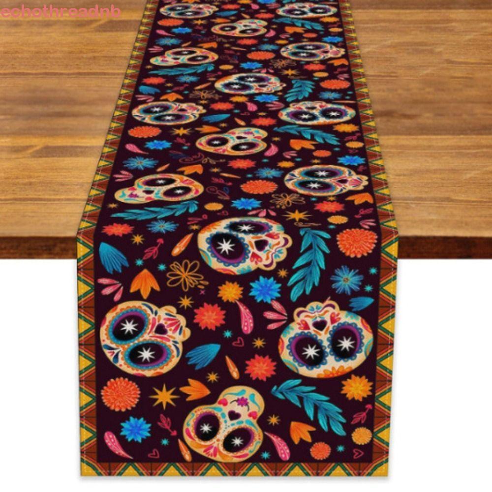 PIVOT Skull Table Runner, Skeleton สี่เหลี่ยมผืนผ้า Tablecover, จัดเลี้ยงตกแต่งผ้าปูโต๊ะผ้าลินินสไตล