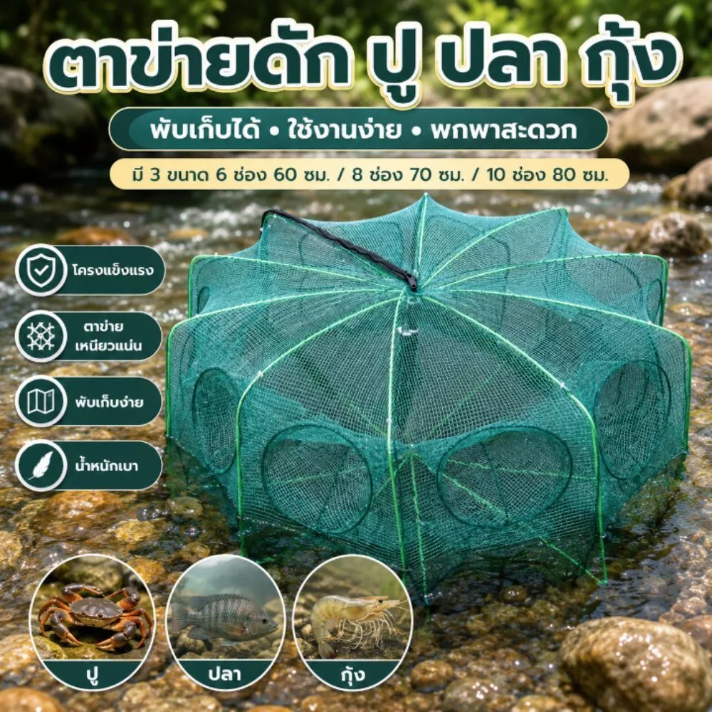 ตาข่ายดัก ปู ปลา กุ้ง แบบ6ช่อง แบบ8ช่อง แบบ10ช่อง หลุมตกปลา หกเหลี่ยม พับเก็บได้ พกพาสะดวก G0150