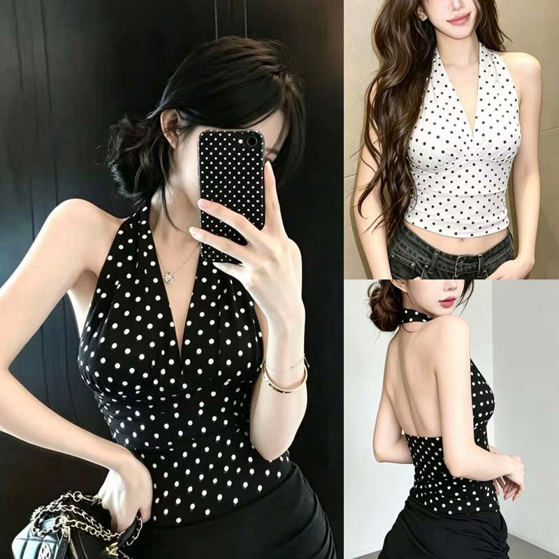 BIMI พร้อมส่ง เสื้อคล้องคอลายจุด Polkadot คอวีลึก ปิดหลัง กระชับรูปทรง ชุดไปเที่ยวเซ็กซี่แฟชั่น สำหรับผู้หญิง