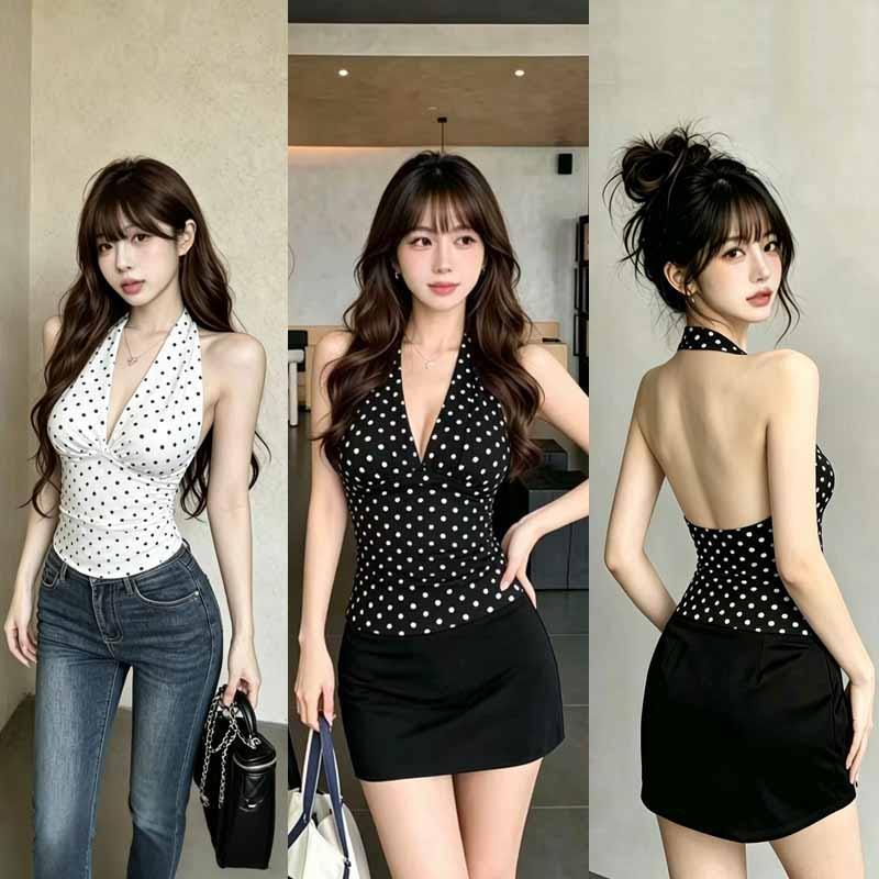 Yoka พร้อมส่ง เสื้อคล้องคอลายจุด Polkadot คอวีลึก ปิดหลัง กระชับรูปทรง ชุดไปเที่ยวเซ็กซี่แฟชั่น สำหรับผู้หญิง