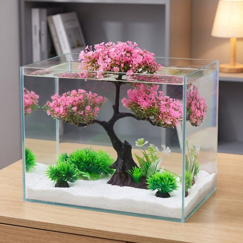 Aquarium Plants สมจริง Faux Cherry Blossom Fish Decor ตกแต่งบ้าน Aquariam junshaoyipin