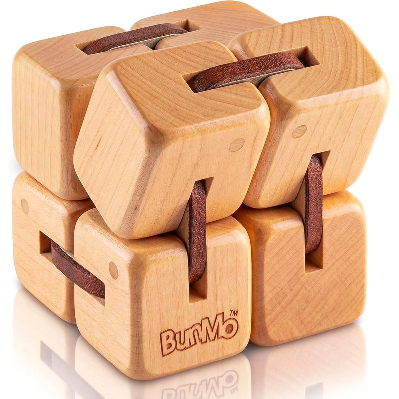BunMo Wooden Fidget Cube – Beechwood Infinity Cube Fidget Toy, Larger One Pack – Smooth Folding Pock