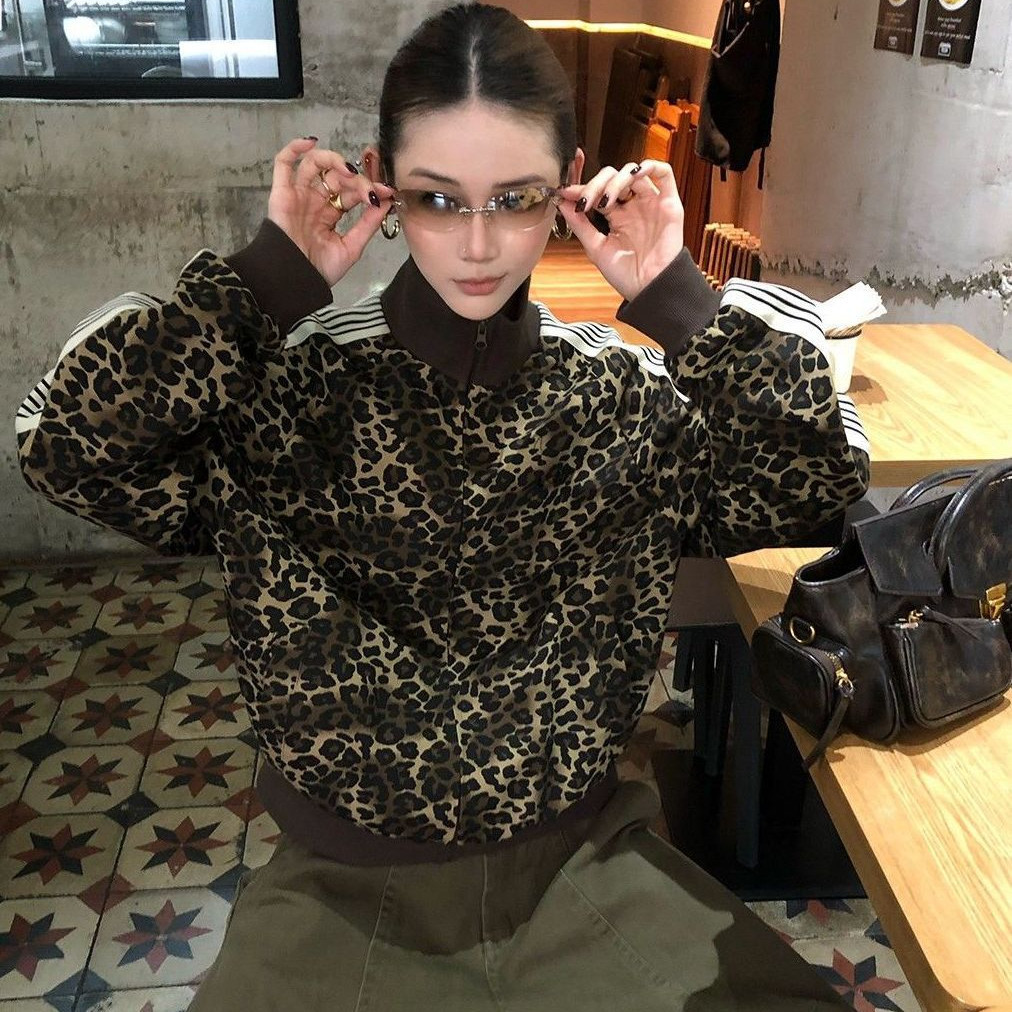 American Retro Short Loose Jacket Unisex Casual Leopard Print Jacket Top
