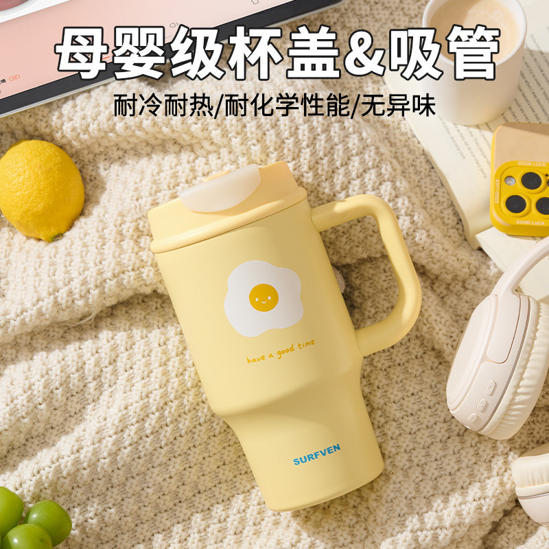 SURFVEN เซรามิคเคลือบ Thermos ถ้วยขนาดใหญ่ความจุถ้วยกาแฟสํานักงาน 304 สแตนเลสรถฟางถ้วยเย็น 700/900ml