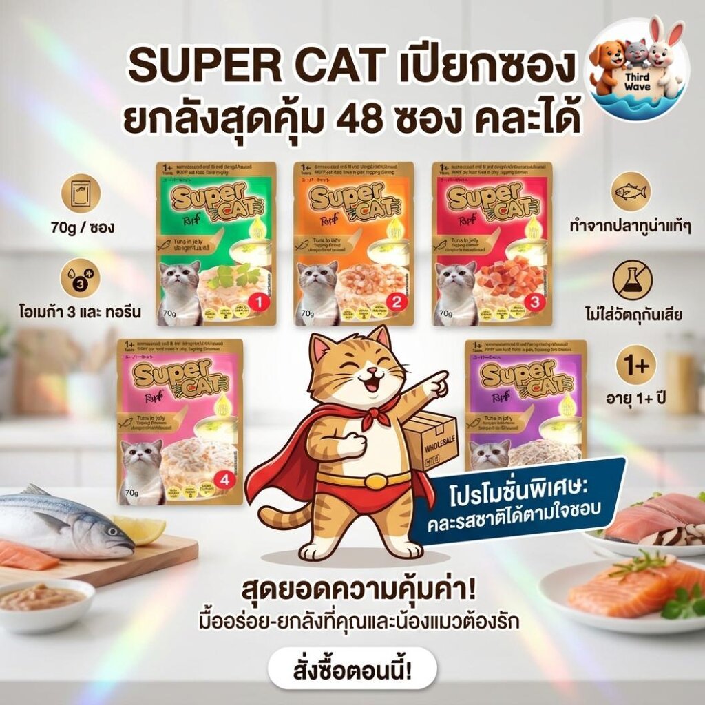 *** ยกลัง 48 ซอง คละได้ *** อาหารเปียกแมว Super Cat ขนาดซองละ 70g x 48 ซอง