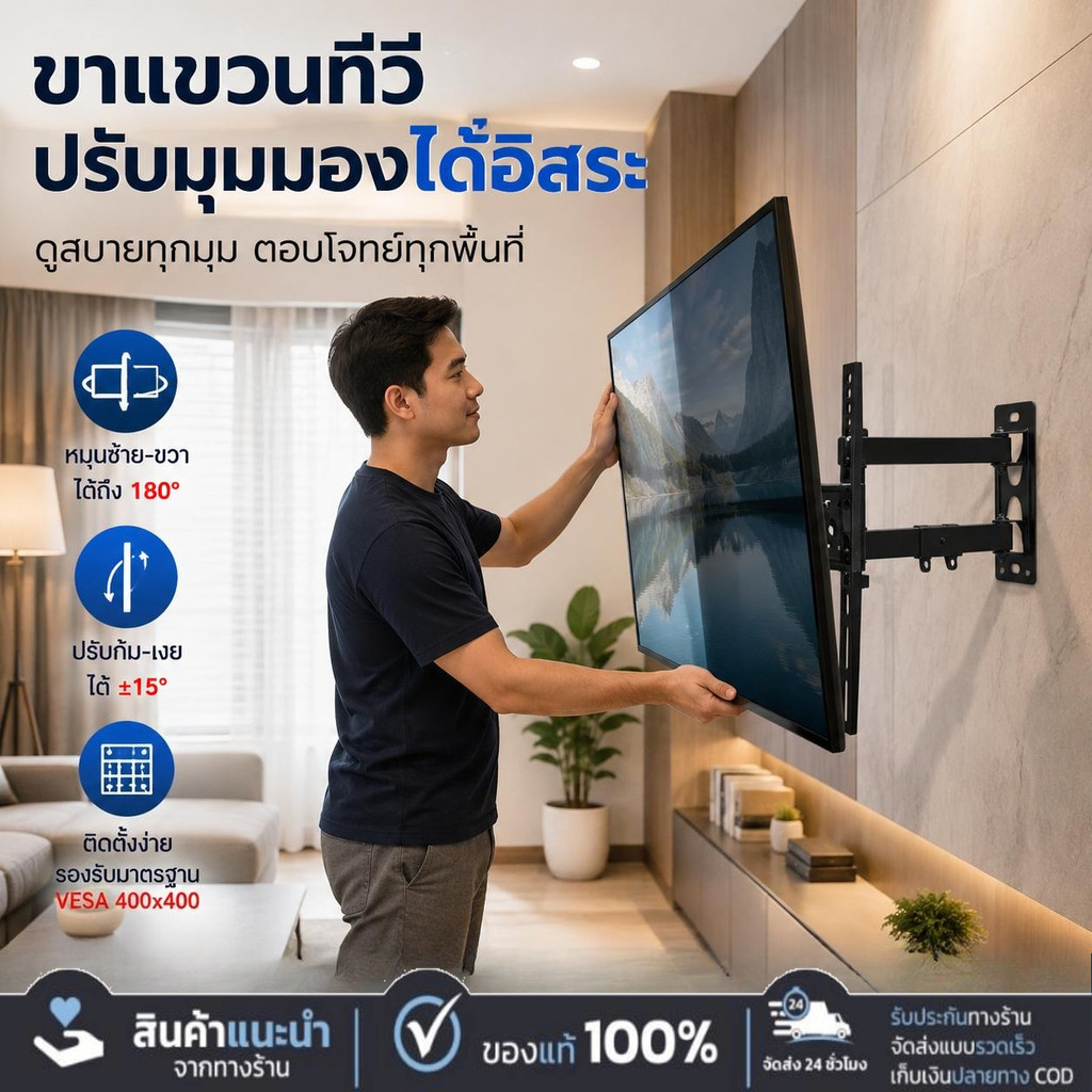 【เหล็กหนา】ขาแขวนทีวี ติดผนัง ติดตั้งง่ายมั่นคง เอียง15° ปรับซ้ายขวาได้ 26-70นิ้ว ขายึดทีวีผนัง รับน้ำหนัก 80KG