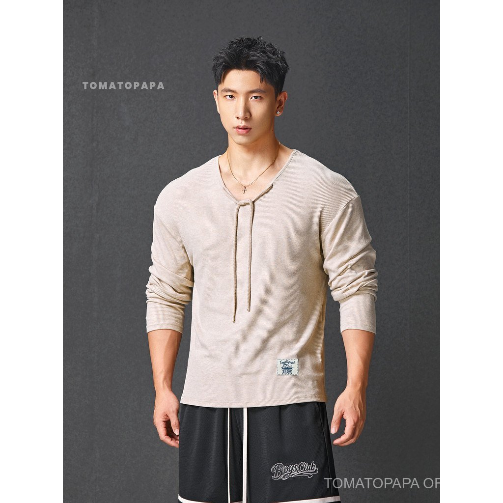 TOMATOPAPA ผู้ชายสไตล์ลําลอง V คอ Laced-Up เสื้อกันหนาวแขนยาว-Bottomingเสื้อ Lyocell ฤดูใบไม้ร่วงกีฬาฟิตเนส