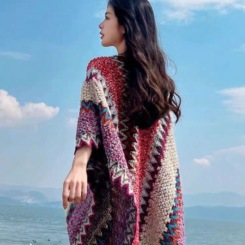 丽江披肩女外搭* 民族风西藏旅游青海云南外搭斗篷外套傣族披风围巾Ethnic Style Xizang Wears Cape Cape, Lhasa Scarf And Qinghai Grassla