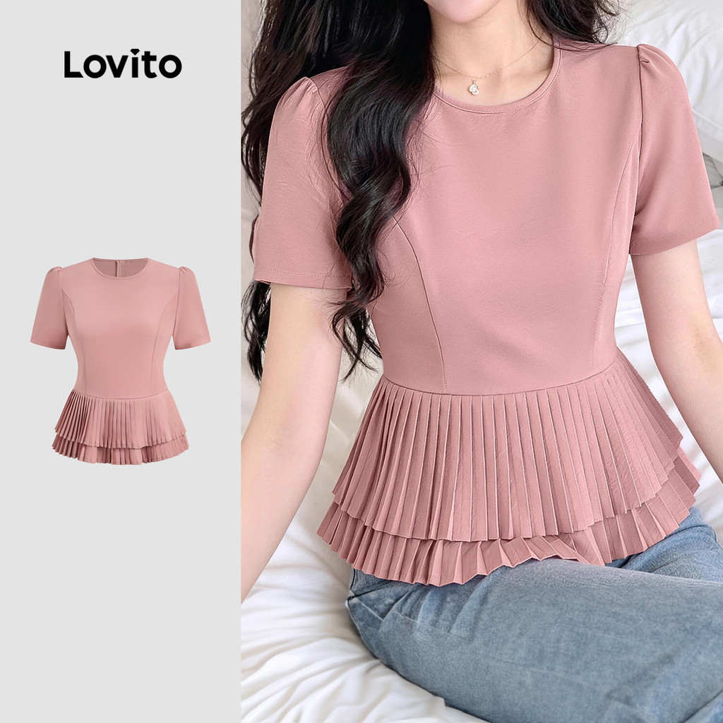 (New Arrival) Lovito เสื้อเบลาส์สีชมพูสําหรับผู้หญิง ทรงพลีทสองชั้น สไตล์เรียบหรู เหมาะสําหรับฤดูใบไม้ผลิ/ฤดูร้อน L198ED310