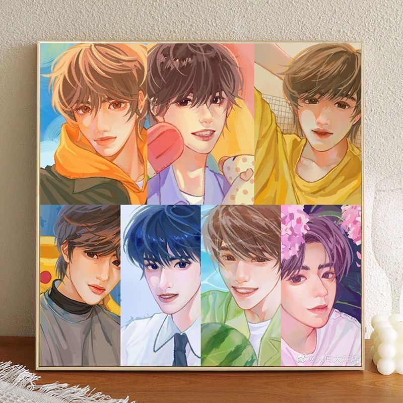时代少年团五周年周边数字油画DIYq版可爱手工填色油彩画装饰画9.8 ชุดของขวัญครบรอบ 5 ปี วง Times Youth ภาพวาดสีน้ำมันดิจิทัล DIY ลา
