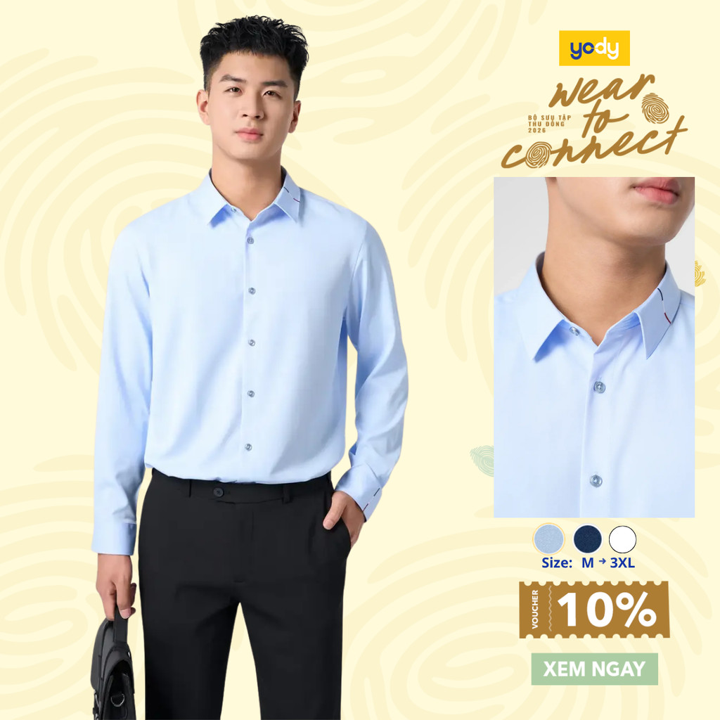 YODY เสื้อเชิ้ตแขนยาวผู้ชายผ้าโพลีเอสเตอร์นาโนทึบริ้วรอยเล็กน้อยและคอปกปักเท่ๆแบบ TRA - SMM7095