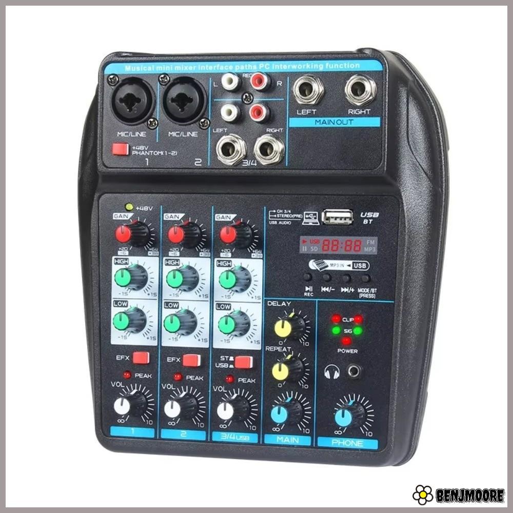 BENJMOORE DJ Console Mixer, 48V Phantom Power 4-Channel Audio Mixer, Portable Monitor Karaoke System
