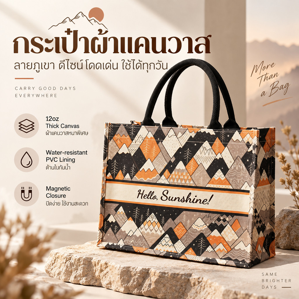 กระเป๋าโท้ทผู้หญิง ผ้าแคนวาส 12oz ใบใหญ่ ใส่ A4/โน้ตบุ๊ก 13 นิ้ว ซับใน PVC กันน้ำ กระดุมแม่เหล็ก
