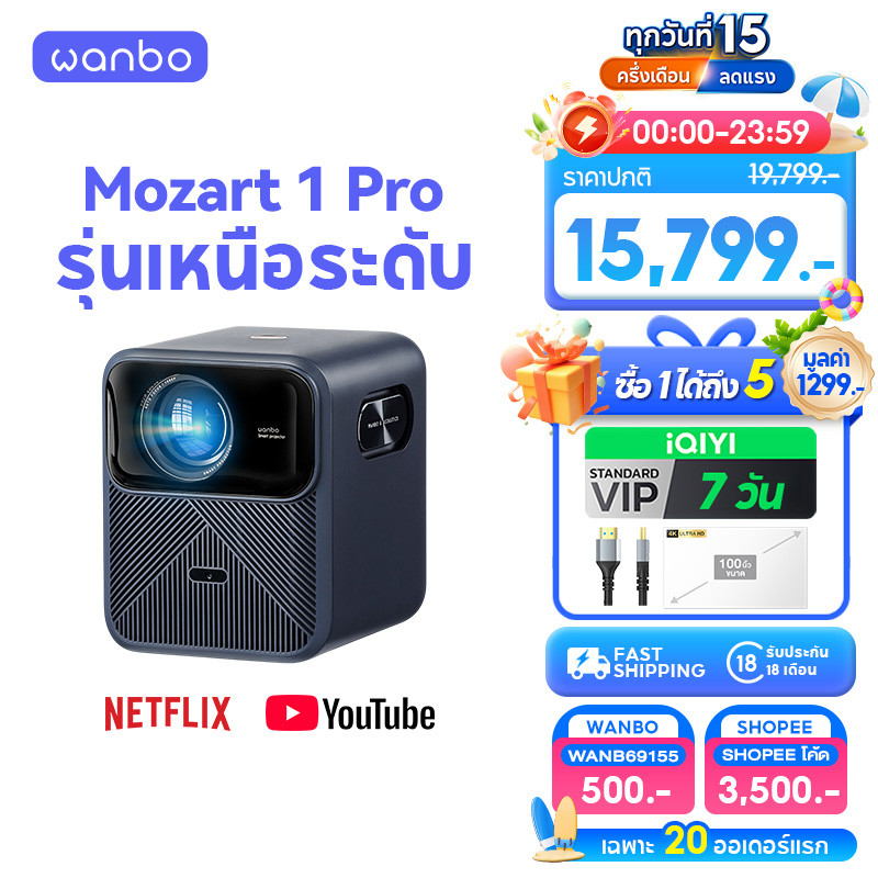 [24H ส่งทันที] Wanbo Mozart 1 Pro 1200 ANSI Projector Netflix 4K ออนไลน์ โปรเจคเตอร์ Google TV OS AS