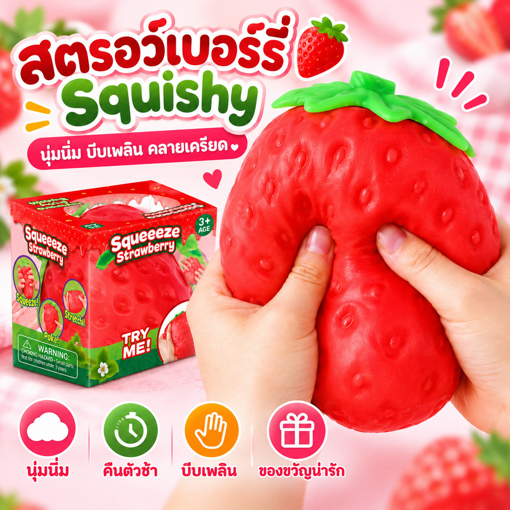 พร้อมส่ง🍓Strawberry Mousse สกุชชี่สตรอว์เบอร์รี่ยักษ์ สอดไส้มูส นุ่มหนึบคืนตัวช้า กลิ่นหอม บีบเพลิน คลายเครียด